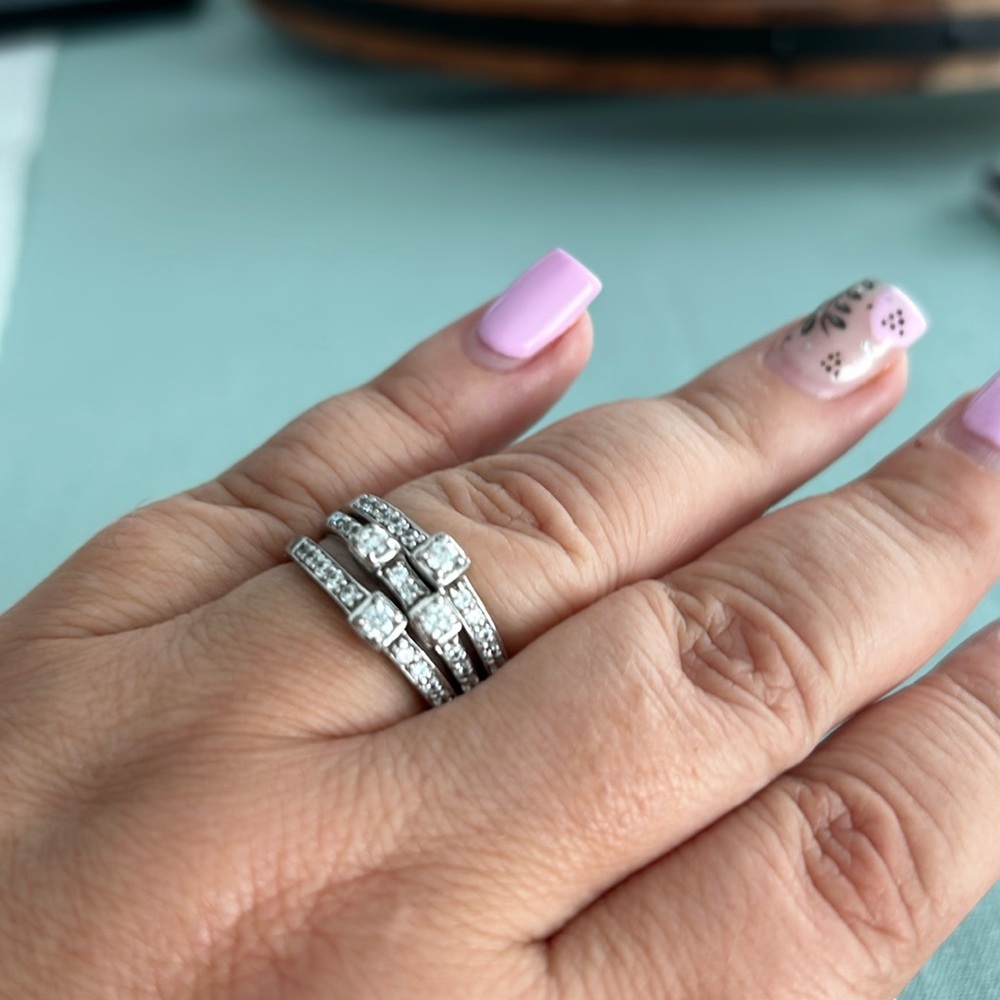 Diamonique and Sterling Silver Set of Three Stack Rings